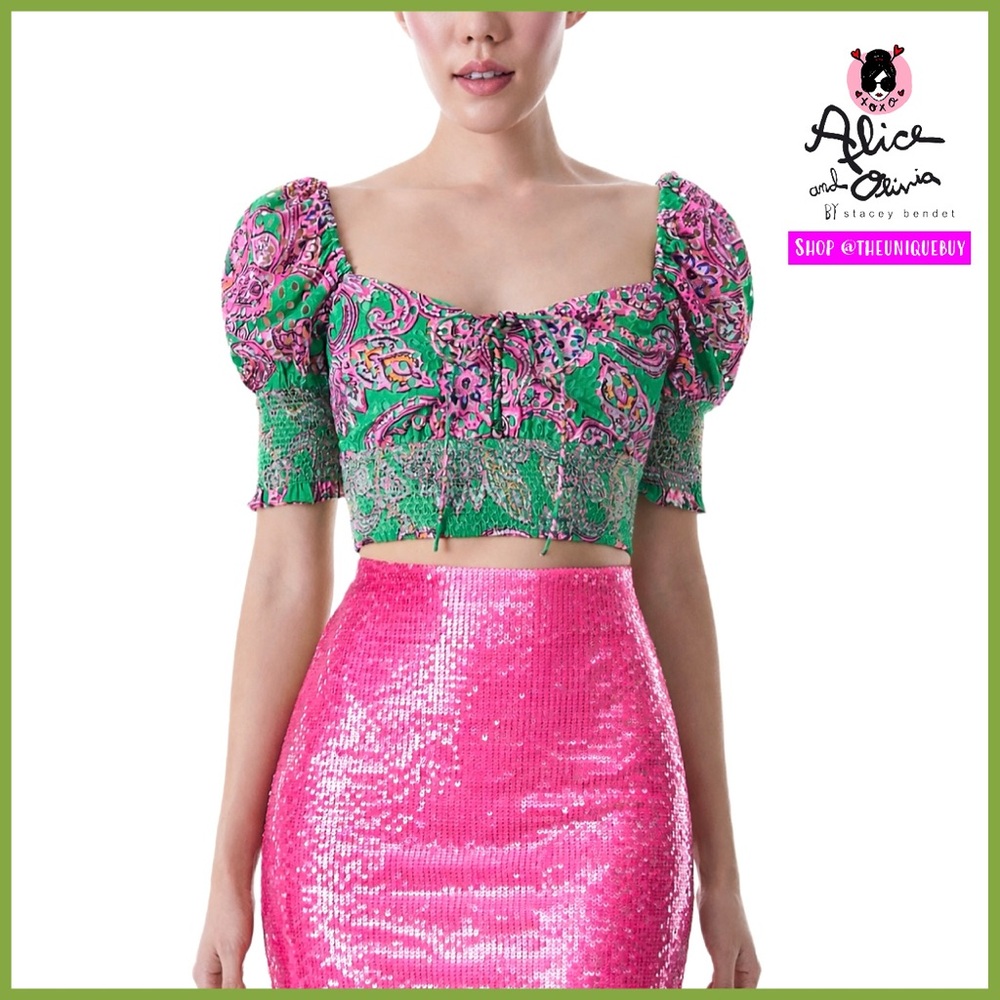 Alice + Olivia Crawford Lace Up Pink Green Paisley Smocked Cropped Top